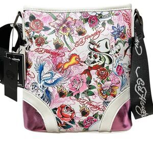 New Retro Y2K Ed Hardy Pink Metallic white tattoo print crossbody Skull Charms
